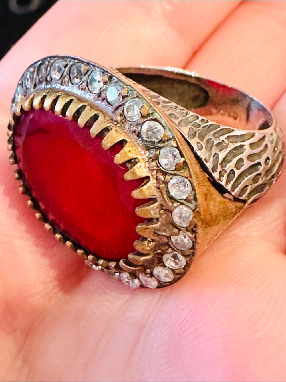Vintage-Inspired Red Stone Ring with Crystal Halo